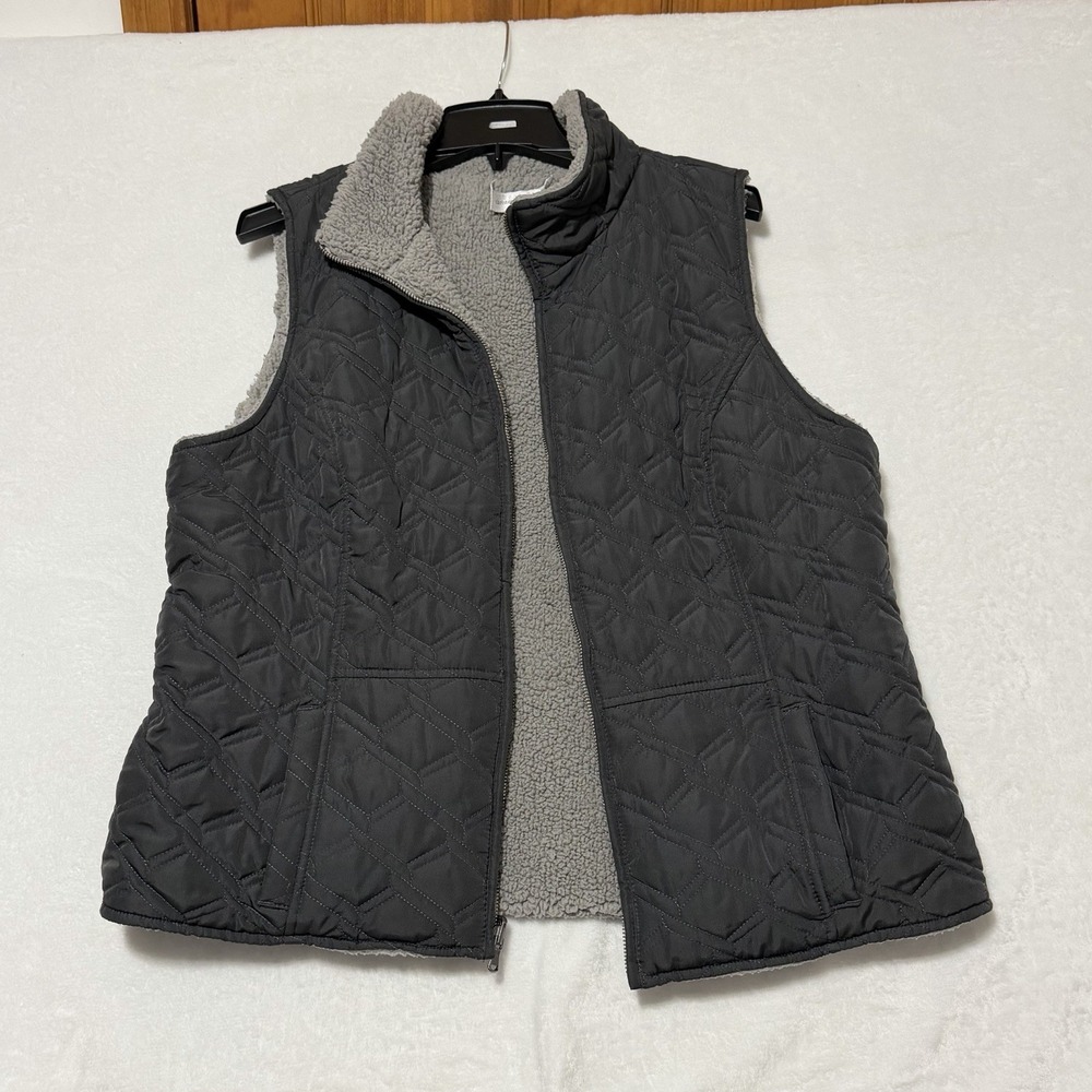 Christopher & Banks Quilted Reversible Vest Women's XL Charcoal Gray Grey Sherpa